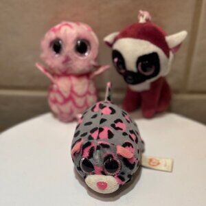 TY Beanie Boos Plush Lot of 3 Minis Pinky Owl,LeeAnn Lumur,Miles Leopard